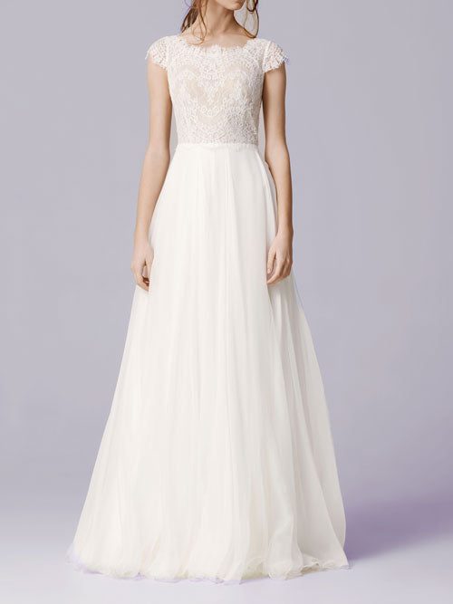 Elegant Lace Chiffon Wedding Dress with Cap Sleeves ON1001