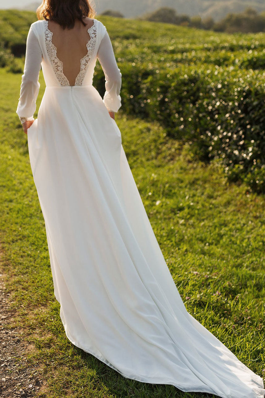 boho wedding dress under $100 sleeves fast shipping Sheer-Sleeved Deep V-Neck Wedding Dress with Floral Accents and Graceful Train Custom Made