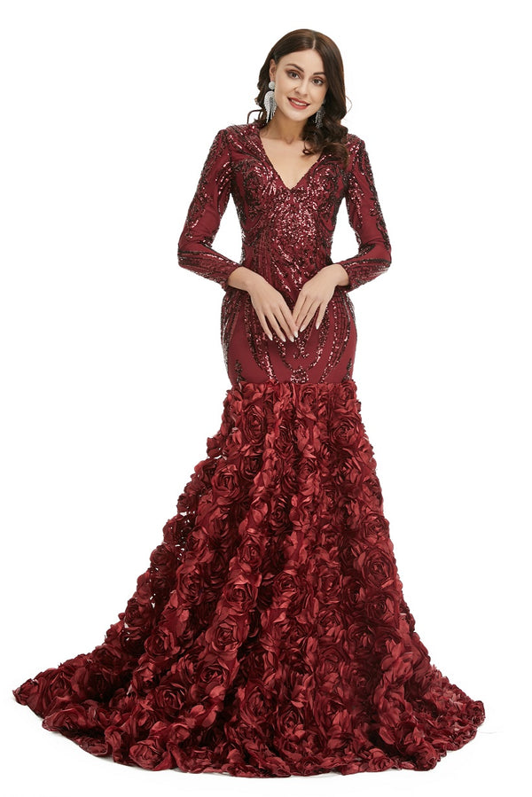 Burgundy Red Sparkly Fitted Long Evening Dress with Rosette Skirt EN5006