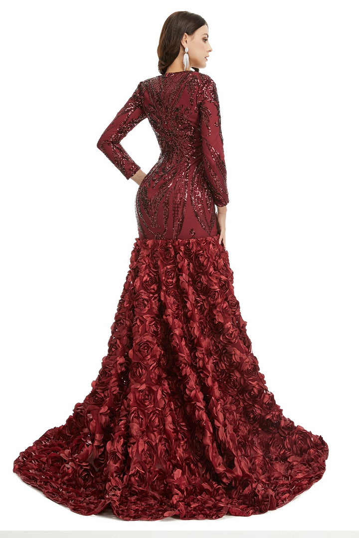 Burgundy Red Sparkly Fitted Long Evening Dress with Rosette Skirt EN5006