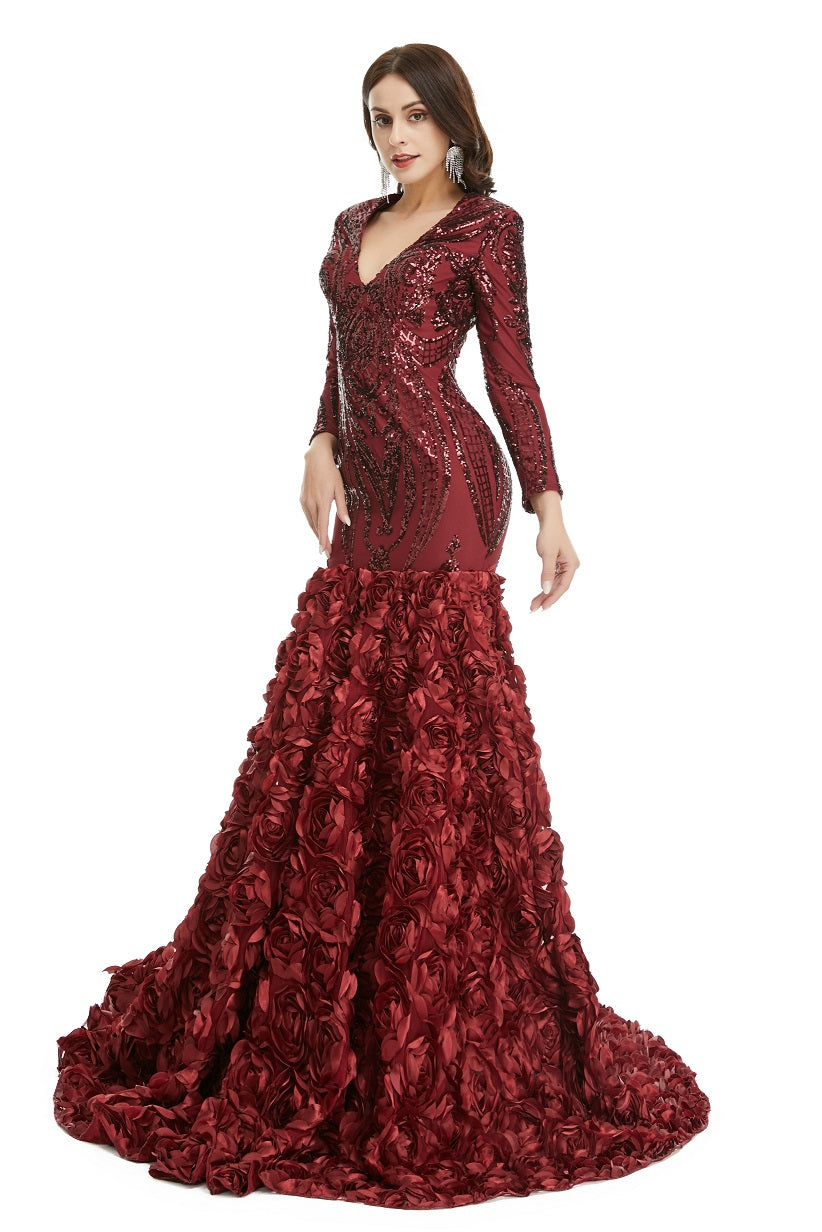 Burgundy Red Sparkly Fitted Long Evening Dress with Rosette Skirt EN5006