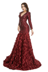 Burgundy Red Sparkly Fitted Long Evening Dress with Rosette Skirt EN5006