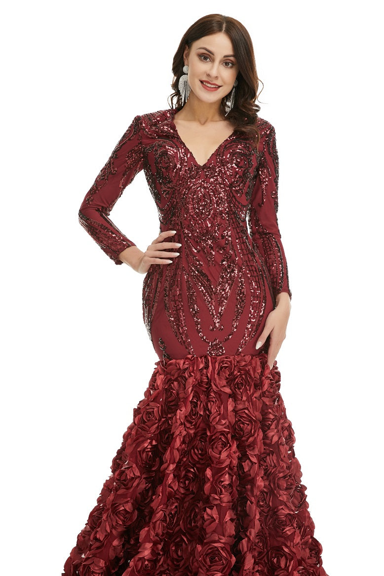Burgundy Red Sparkly Fitted Long Evening Dress with Rosette Skirt EN5006