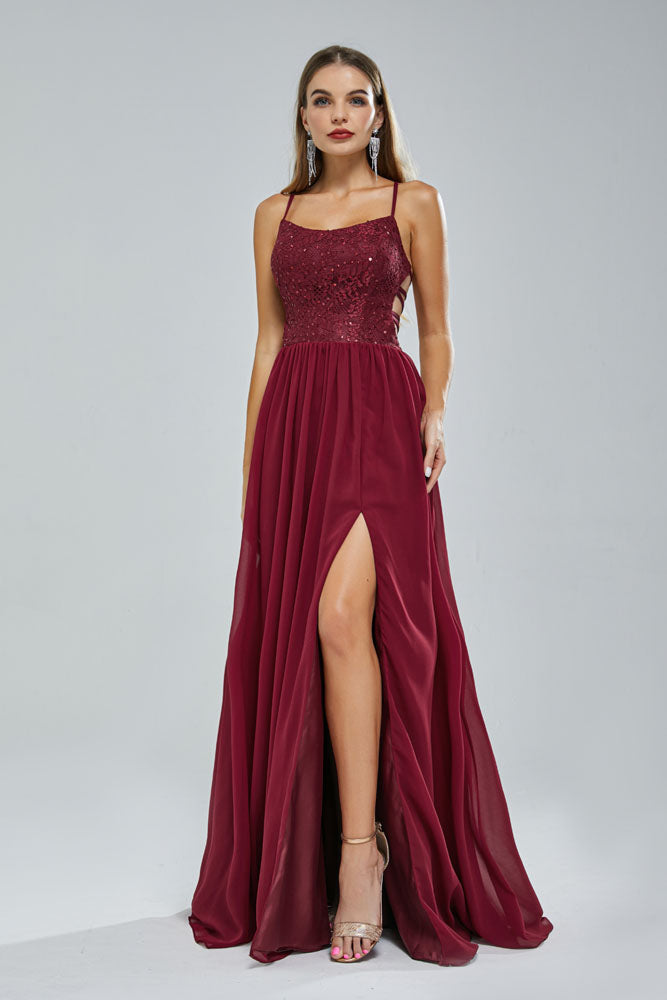 Long Dark red Chiffon Formal Prom Dress with Side Slit EN5404