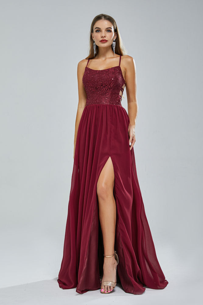 Long Dark Red Chiffon Formal Prom Dress with Side Slit EN5404