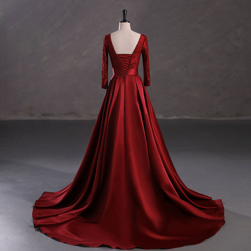 Burgundy Red Satin Lace Ball Gown Formal Prom Dress EN5407