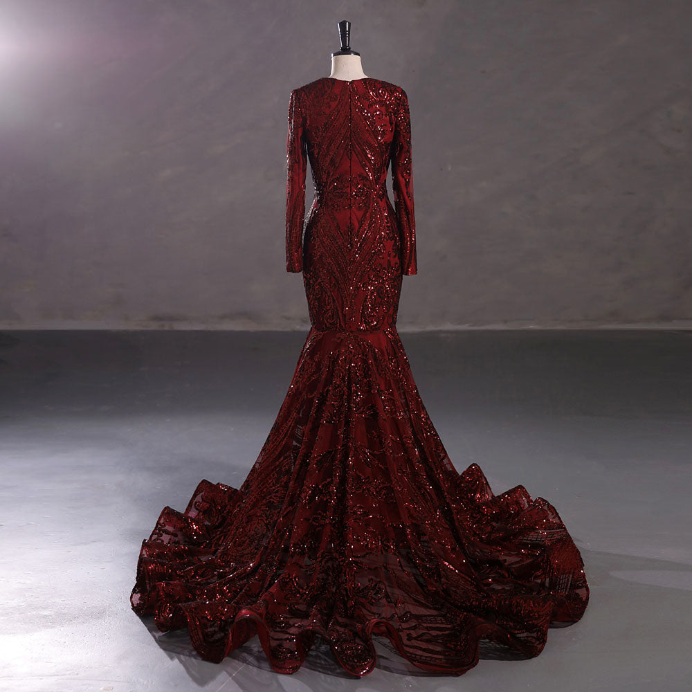 Sexy Burgundy Long Fitted Sequins Lace Mermaid Evening Dress with Plunging Neck EN5405 Size 14 / Burgundy