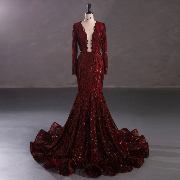 Sexy Burgundy Long Fitted Sequins Lace Mermaid Evening Dress with Plunging Neck EN5405