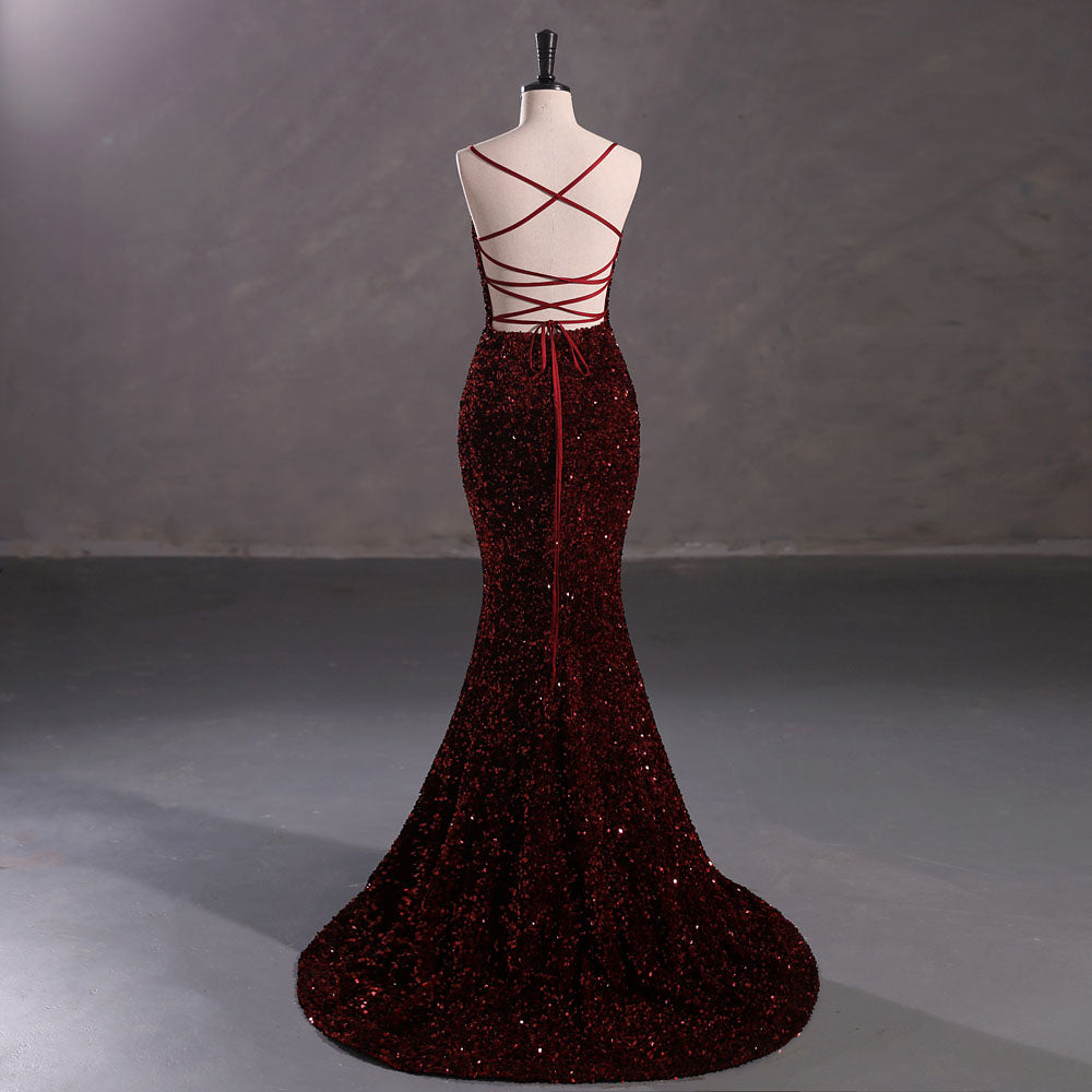 Slim Burgundy Shimmery Open Back Formal Prom Evening Dress EN5408