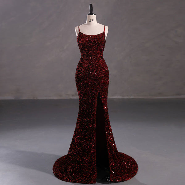 Slim Burgundy Shimmery Open Back Formal Prom Evening Dress EN5408