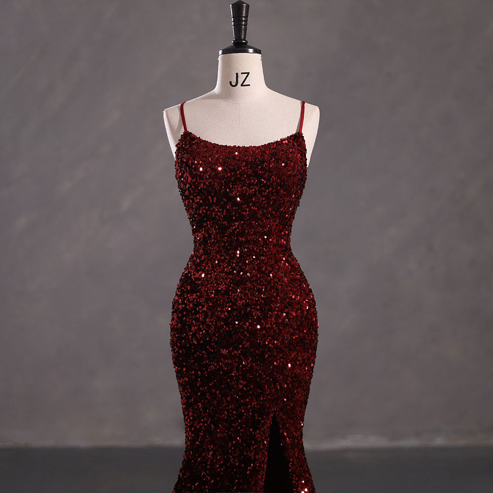 Slim Burgundy Shimmery Open Back Formal Prom Evening Dress EN5408