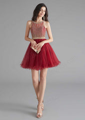 Chic Short Dark Red Tulle Evening Dress