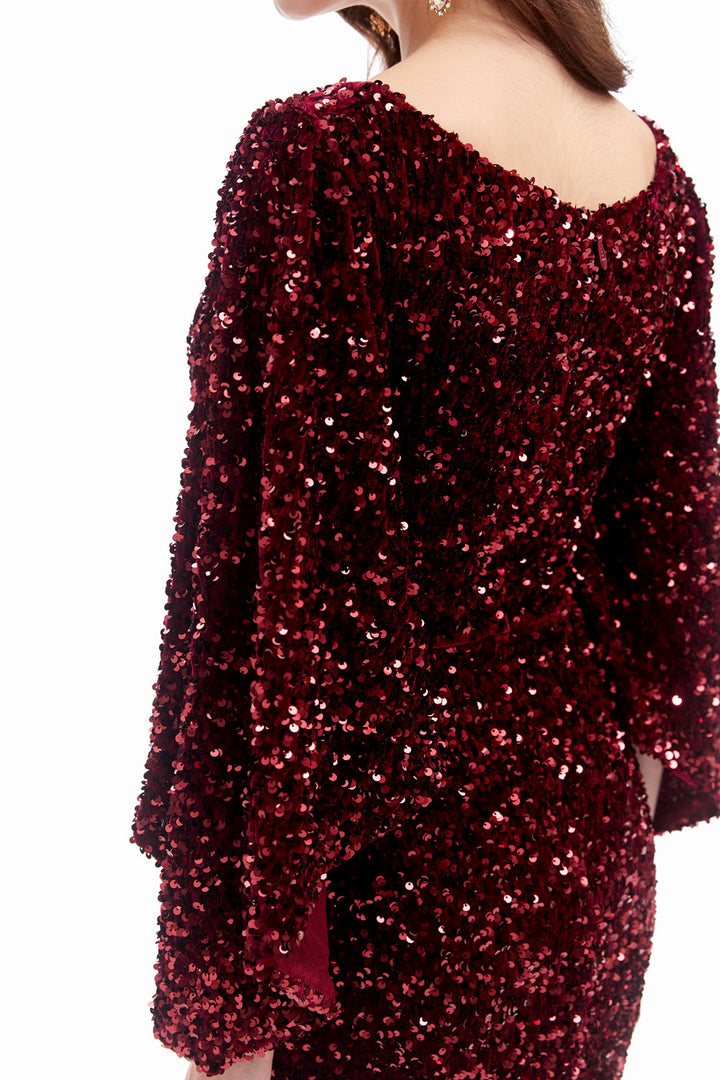 Burgundy Sparkly Maxi Formal Evening Gown EN4608