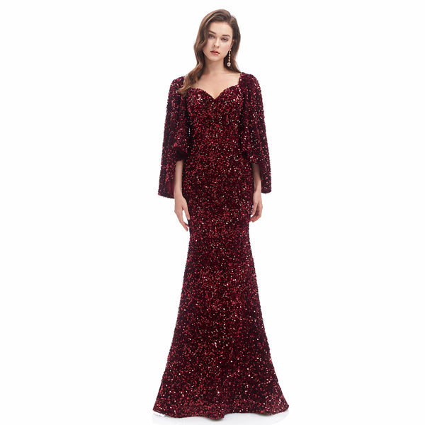 Burgundy Sparkly Maxi Formal Evening Gown EN4608