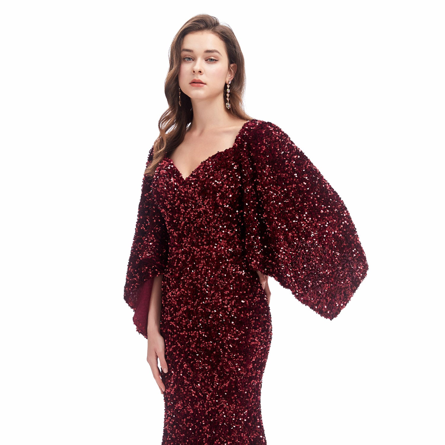 Burgundy Sparkly Maxi Formal Evening Gown EN4608