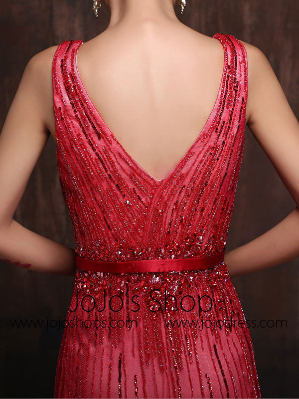 Burgundy Straps V-Neck Sheath Formal Evening Gown Prom Dress X012
