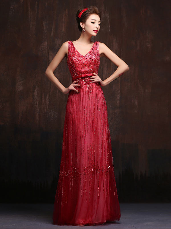 Burgundy Straps V-Neck Sheath Formal Evening Gown Prom Dress X012