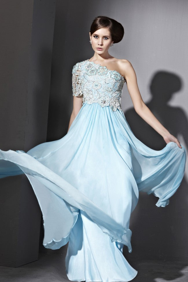 Grecian One Shoulder Blue Lace Formal Evening Gown CX881031