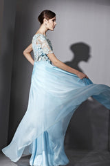 Grecian One Shoulder Blue Lace Formal Evening Gown CX881031