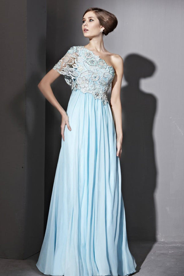 Grecian One Shoulder Blue Lace Formal Evening Gown CX881031