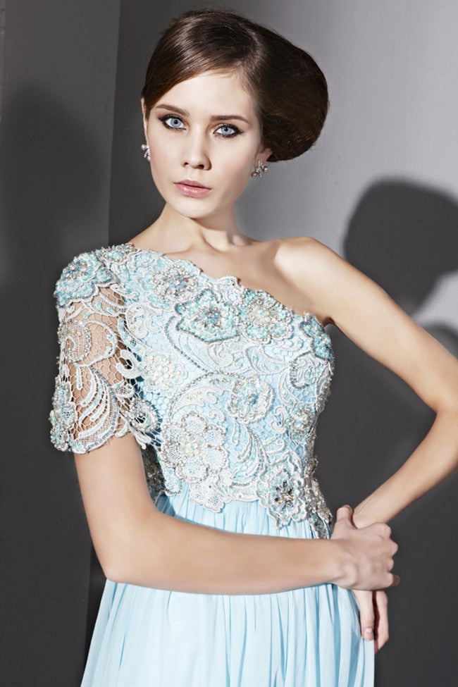 Grecian One Shoulder Blue Lace Formal Evening Gown CX881031