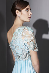 Grecian One Shoulder Blue Lace Formal Evening Gown CX881031
