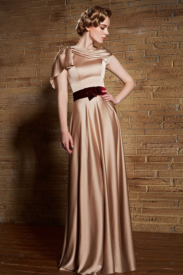Grecian Gold Satin Long Military Ball Gown Evening Dress | CX830880