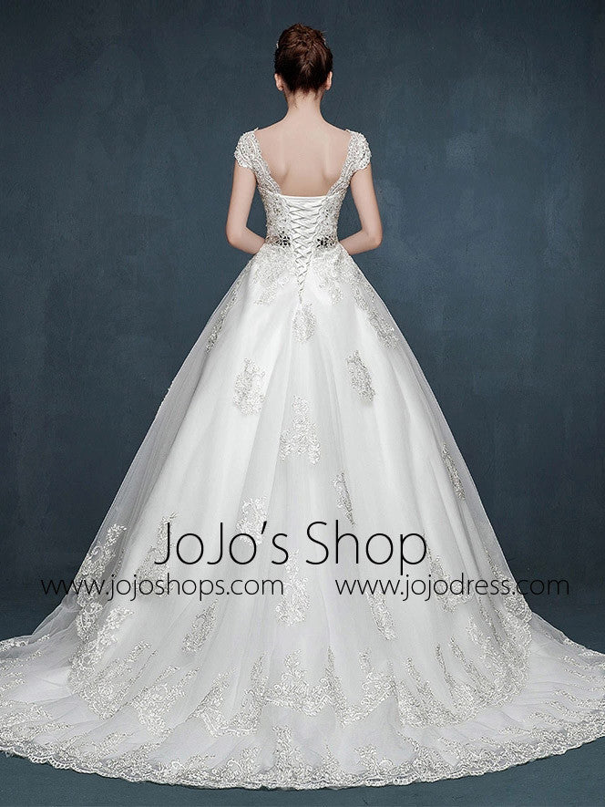 Cap Sleeves Lace A-line Dress with V Neck