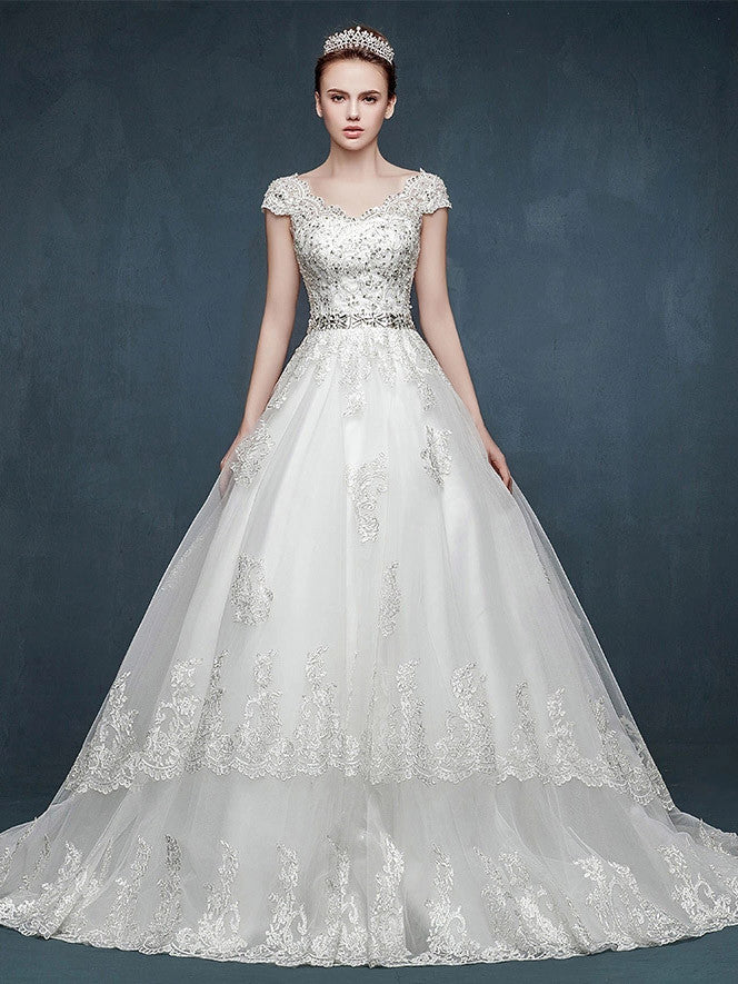 Cap Sleeves Lace A-line Dress with V Neck