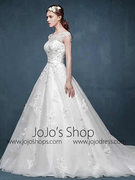 Cap Sleeves Lace A-line Dress with Illusion Neckline