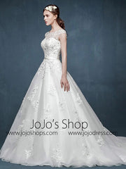 Cap Sleeves Lace A-line Dress with Illusion Neckline