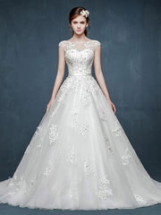 Cap Sleeves Lace A-line Dress with Illusion Neckline