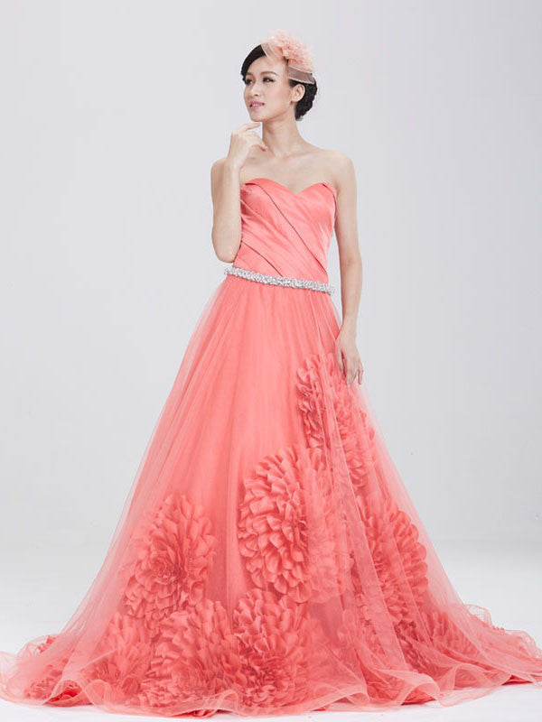 Carol Red Strapless Ball Gown Evening Dress with Crystal Belt