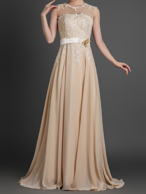 Champagne Grecian Full Length Evening Dress with Illusion Neckline QY145