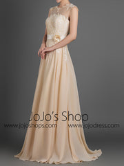 Champagne Grecian Full Length Evening Dress with Illusion Neckline QY145