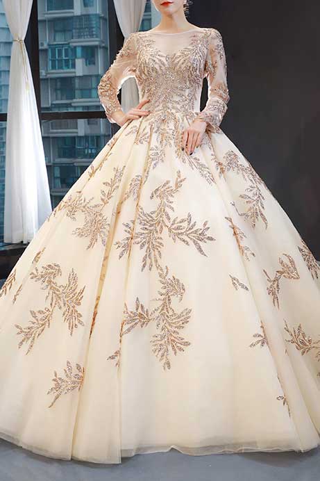 Champagne Lace Ball Gown Quincerea Formal Evening Dress RS210112