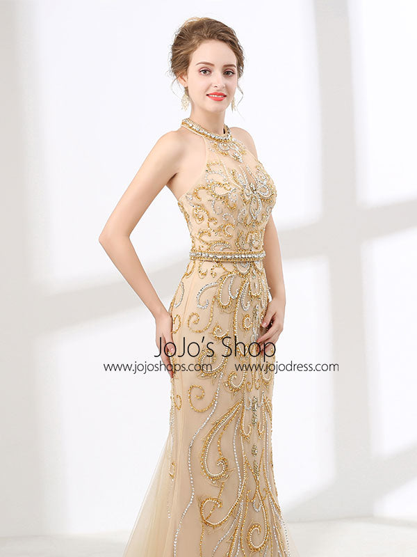 Halter Style Champagne Formal Evening Gown for Beauty Pageant 