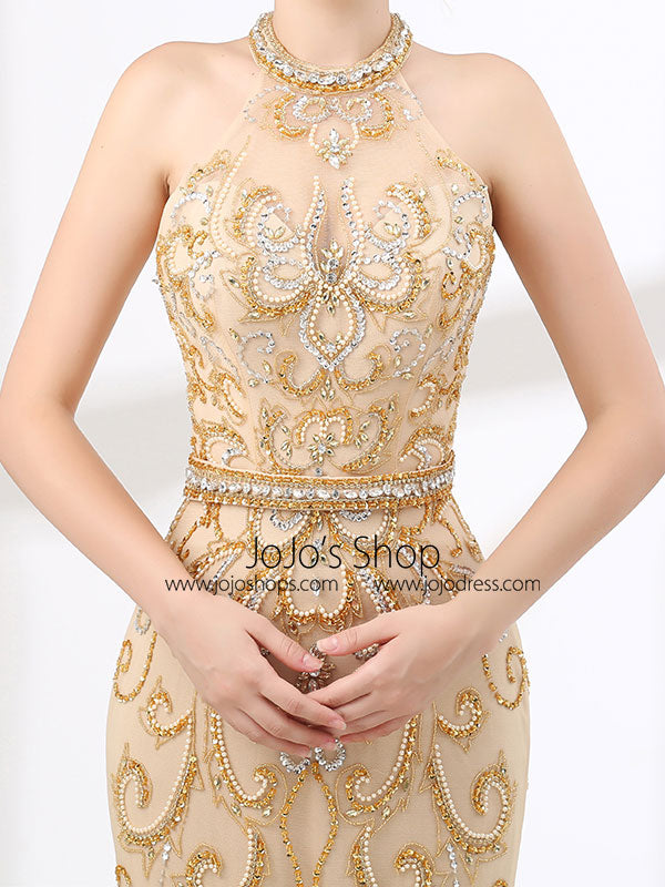 Halter Style Champagne Formal Evening Gown for Beauty Pageant 