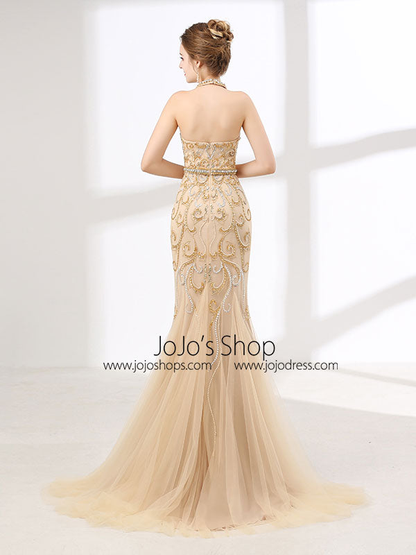 Halter Style Champagne Formal Evening Gown for Beauty Pageant 