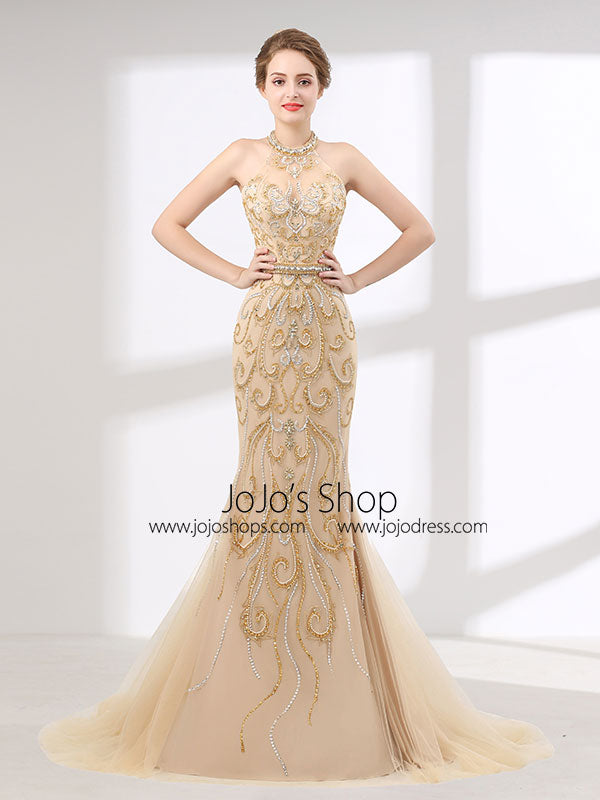 Halter Style Champagne Formal Evening Gown for Beauty Pageant 