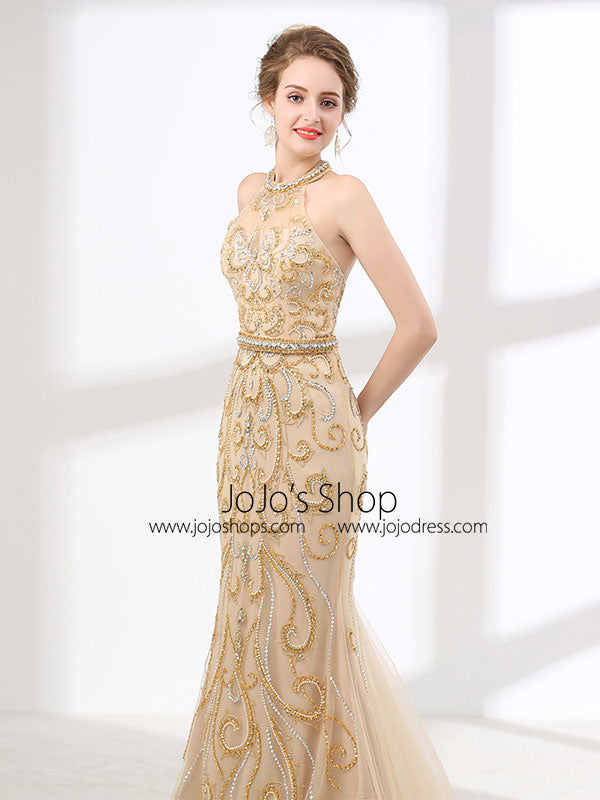 Halter Style Champagne Formal Evening Gown for Beauty Pageant 