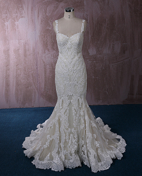Champagne Lace Mermaid Dress with Floral Lace Straps | QT815008