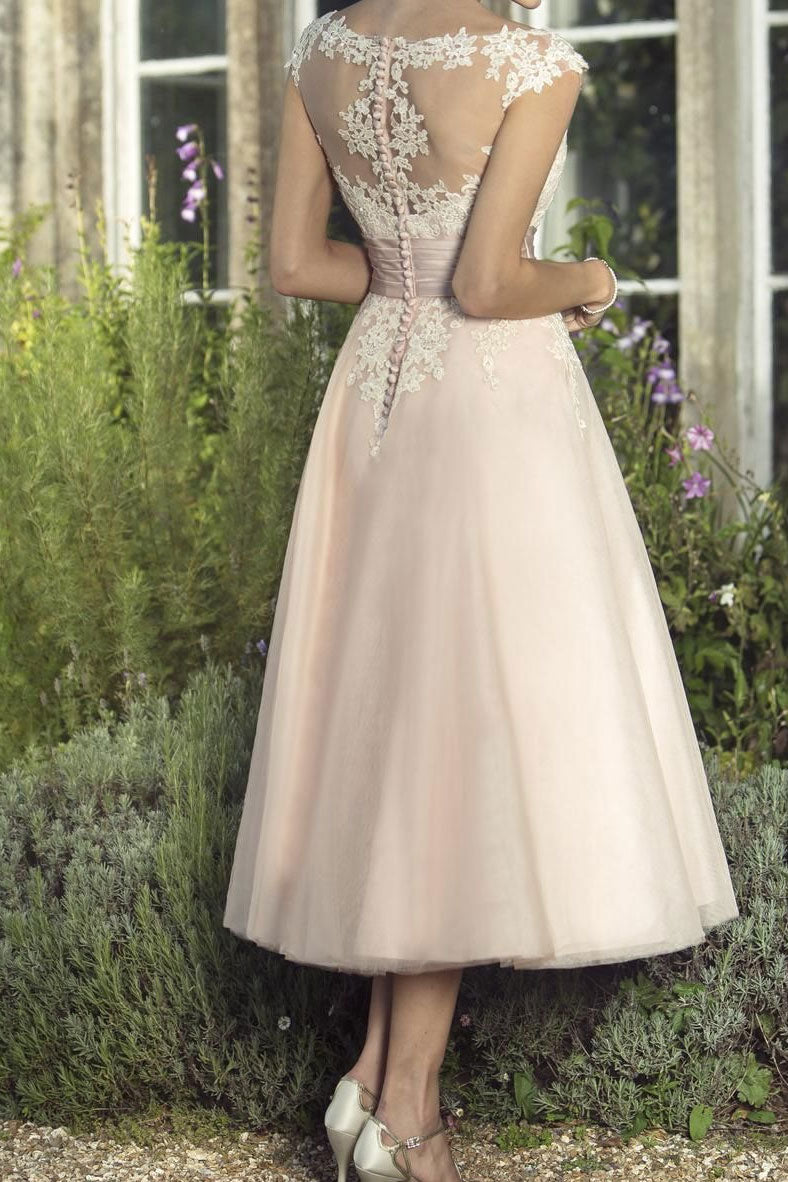 Retro Champagne 50s Tea Length Lace Formal Wedding Dress Size 20W / Champagne