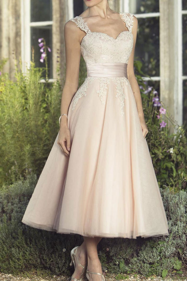 Retro Champagne 50s Tea Length Lace Formal Wedding Dress