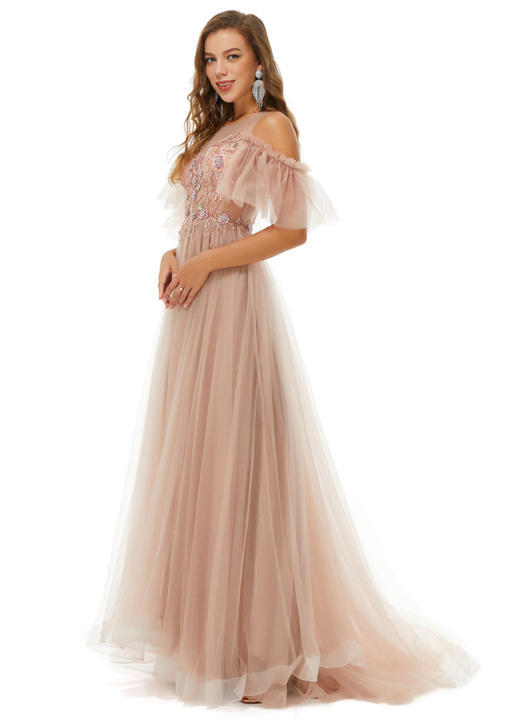 Champagne Off the Shoulder Formal Prom Evening Dress EN4901