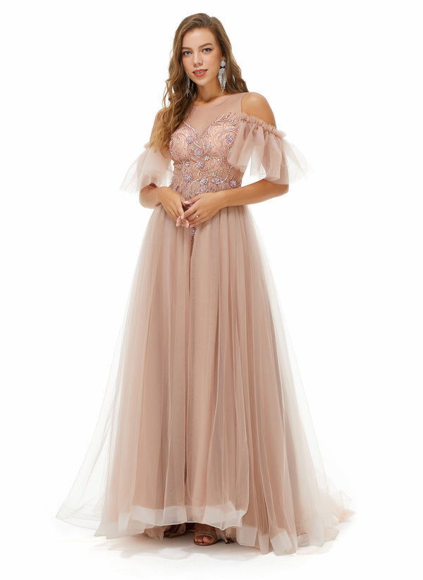 Champagne Off the Shoulder Formal Prom Evening Dress EN4901