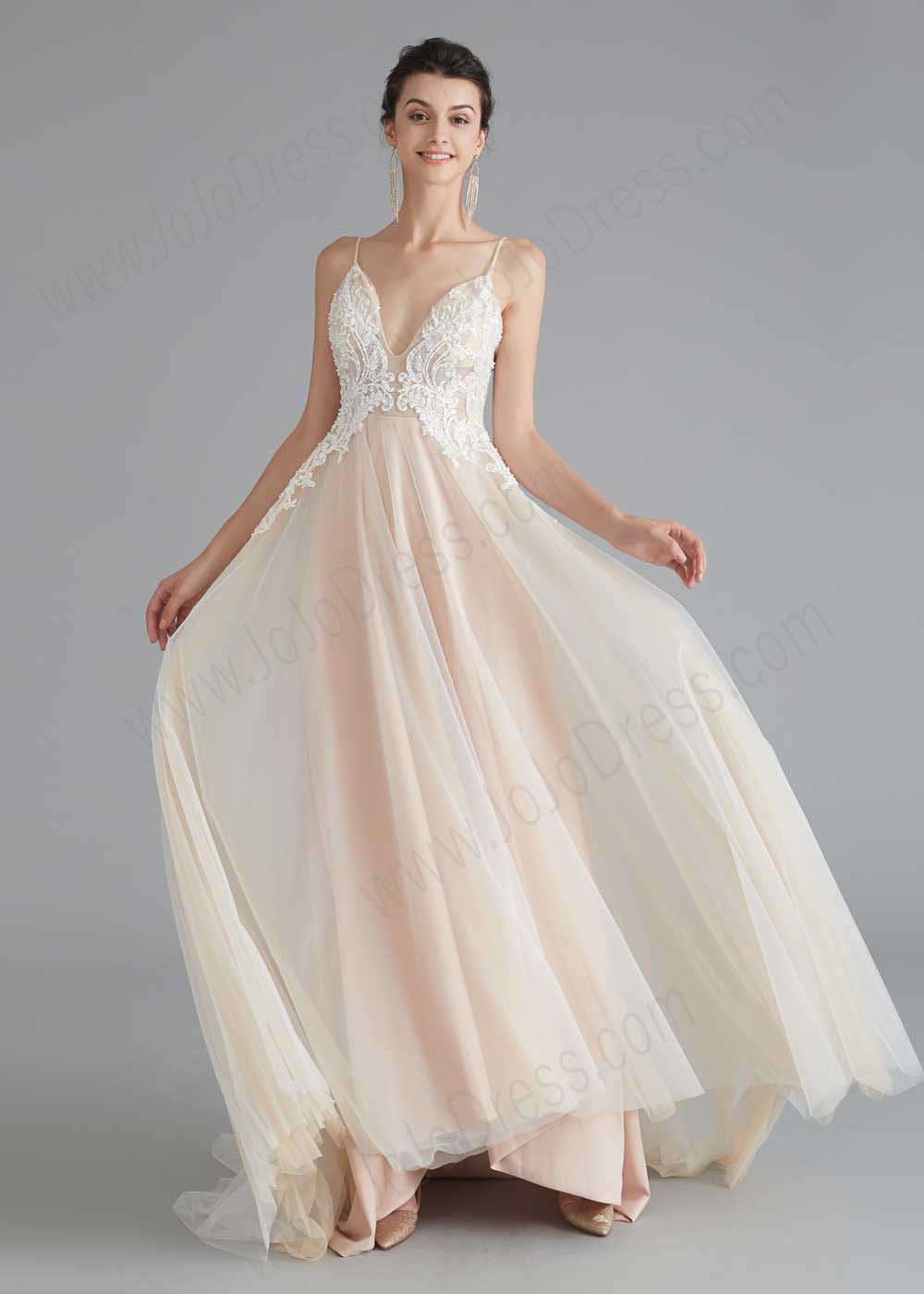 Boho Style Champagne A-line Dress with Lace Top