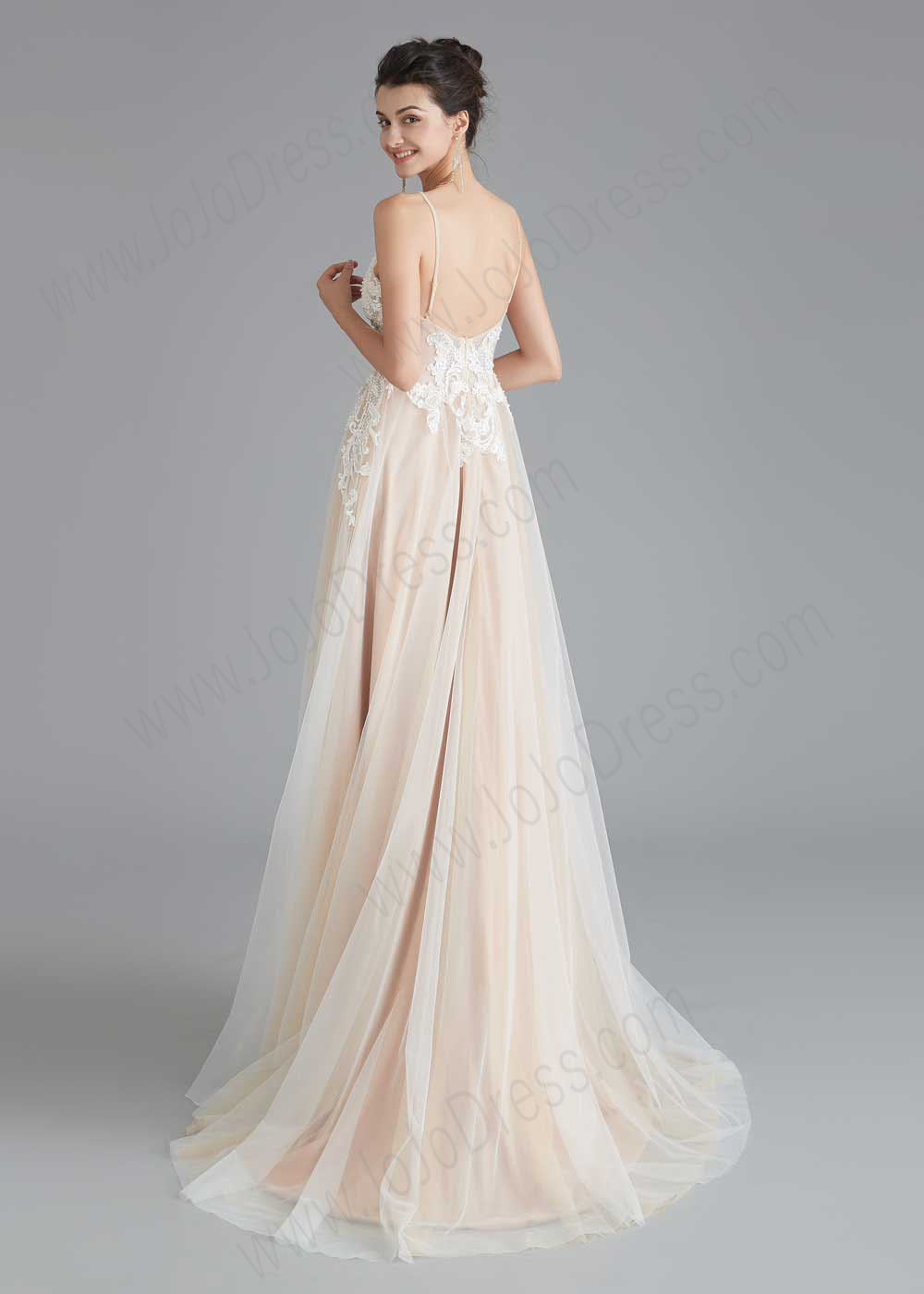 Boho Style Champagne A-line Dress with Lace Top