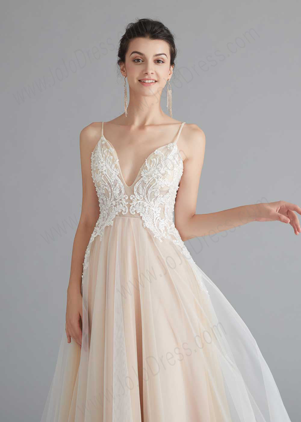 Boho Style Champagne A-line Dress with Lace Top