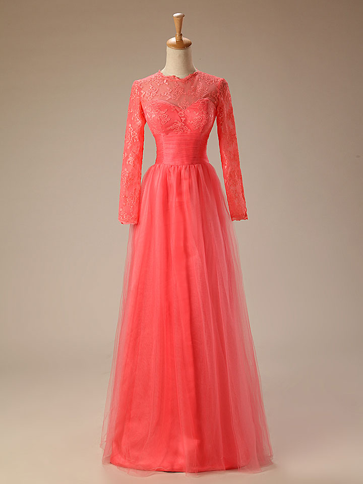 Coral Red Long Sleeves Lace Formal Prom Evening Dress